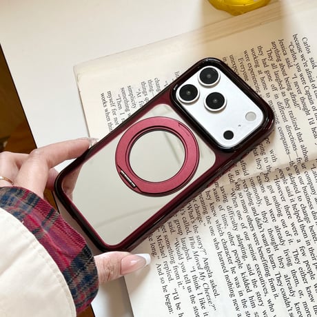 バーガンディ ミラー付き iPhone18Pro/18ProMaxケース リングスタンド一体型 iPhone17/16Pro/15カバー  メイク直しも動画視聴もこれ1つ [M6850]