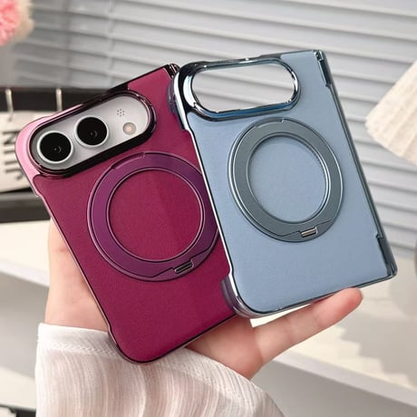 iPhone Ultra Foldケース 360度回転スタンド 高級レザー Magsafe対応 ヒンジ保護 耐衝撃折りたたみ メッキフレーム  [M6713]