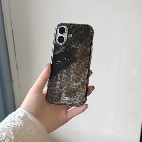 オーロラ豹柄 黒猫イラスト iPhone18Pro/18ProMaxケース 個性的トレンド レオパード iPhone17/16/15カバー オーロラ光沢 大人可愛い[M6817]