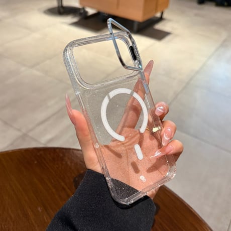 キラキラクリア MagSafe対応 iPhone18Pro/18ProMaxケース カメラスタンド付き iPhone17Pro/16ケース ラメ入り メタルフレーム[M6733]