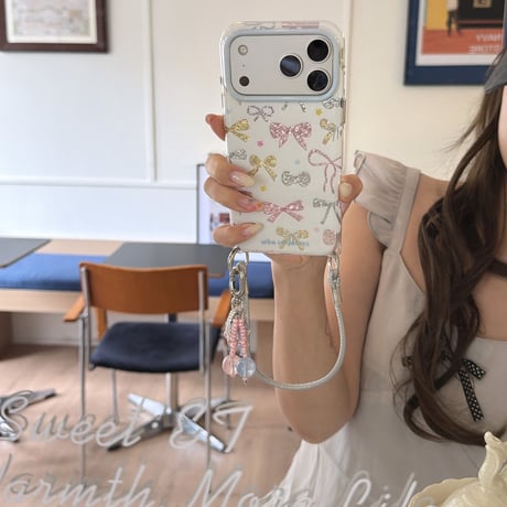 多彩リボン柄 iPhone17pro/17ケース オシャレ iPhone16promax/15ケース ストラップ付 可愛い [M6628]