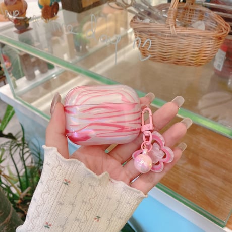 艶感シェル風 Airpods Pro3ケース 蝶キーホルダー Airpods 4/3カバー  AirpodsPro2/1  ピンク プレゼントにおすすめ [M6656]
