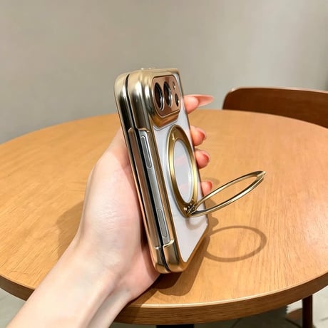 iPhone Duo専用ケース 強化ガラスフィルム一体型 360°回転リングスタンド付き  ヒンジ保護 MagSafe対応 メッキ 高透明 耐衝撃 黄ばみにくい [M6845]