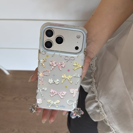 多彩リボン柄 iPhone17pro/17ケース オシャレ iPhone16promax/15ケース ストラップ付 可愛い [M6628]