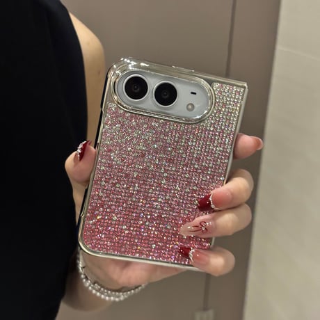 iPhone Duoケース ラグジュアリー ピンクラインストーン  輝くキラキラデザイン メタリックフレーム おしゃれ[M6820]