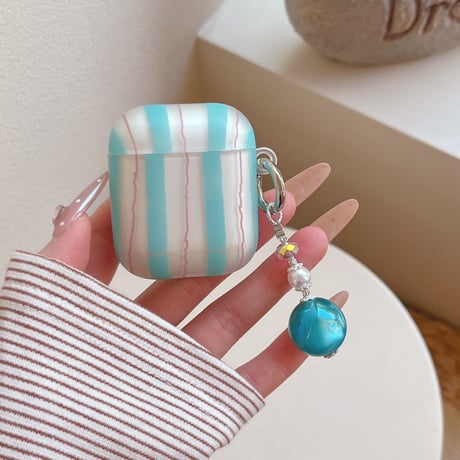 Airpods 5 対応ケース ストライプ  Airpodspro3/2/カバー Airpods4/3 カラビナ/ビーズチャーム付き パステルカラー[M6823]