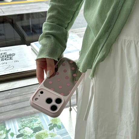 水玉模様ミラー iPhone17Pro/17ケース カラーフレーム iPhone16Promax/15proケース 便利 可愛い[M6554]