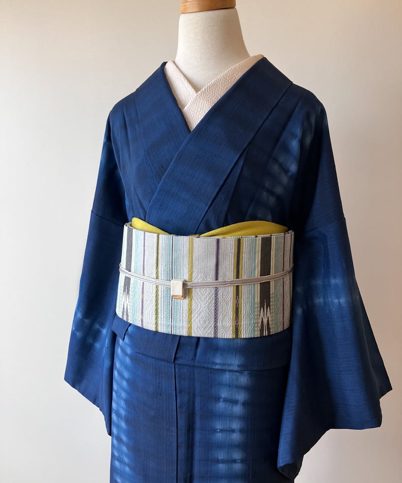 藍色 絞り縞模様 袷紬 正絹 大きめサイズ［K178］ | kimono ulala