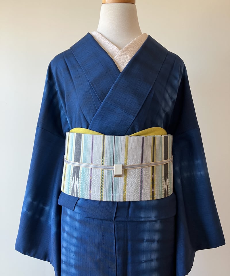 藍色 絞り縞模様 袷紬 正絹 大きめサイズ［K178］ | kimono ulala
