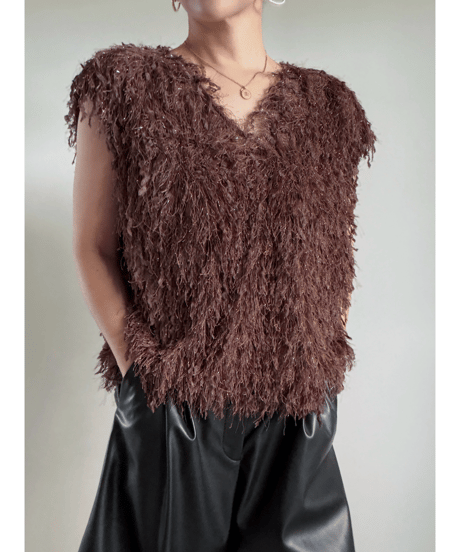 Lame Feather Vest / BROWN
