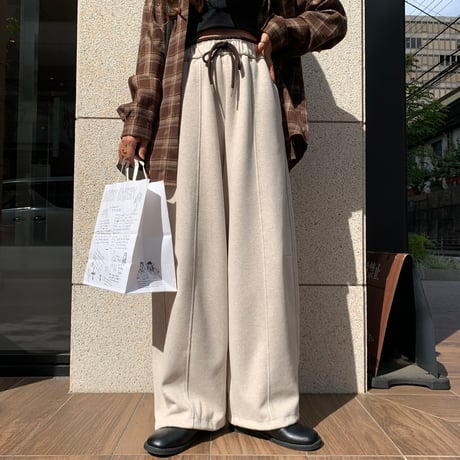 ウエストデザインリラックスドローコードカーブワイドパンツ