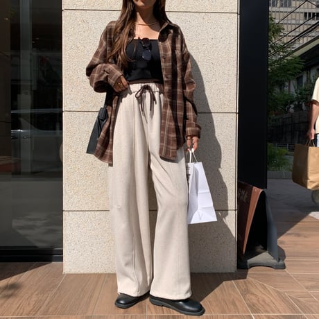 ウエストデザインリラックスドローコードカーブワイドパンツ