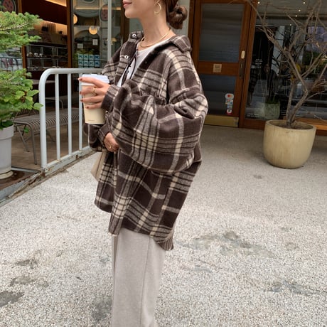 ボリュームスリーブブラウンチェックシャツジャケット