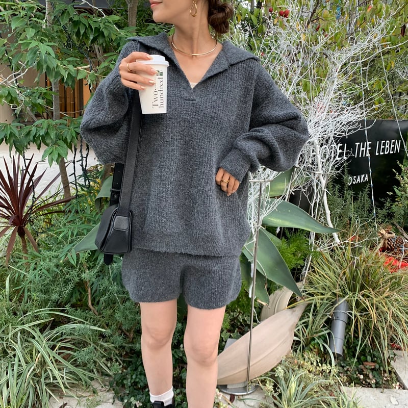 キーネックワッフルニットショートパンツセットアップ | BLATE