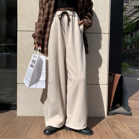 ウエストデザインリラックスドローコードカーブワイドパンツ
