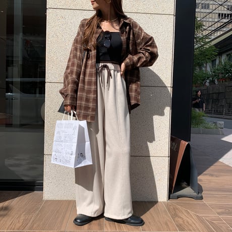 ウエストデザインリラックスドローコードカーブワイドパンツ