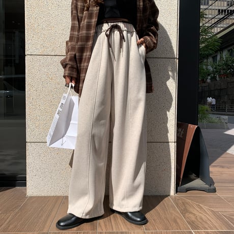 ウエストデザインリラックスドローコードカーブワイドパンツ