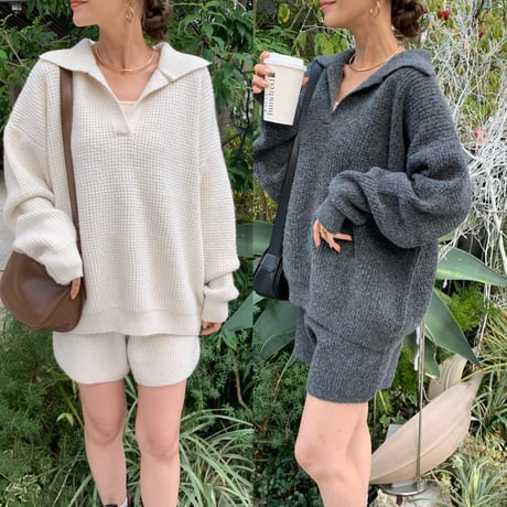 キーネックワッフルニットショートパンツセットアップ
