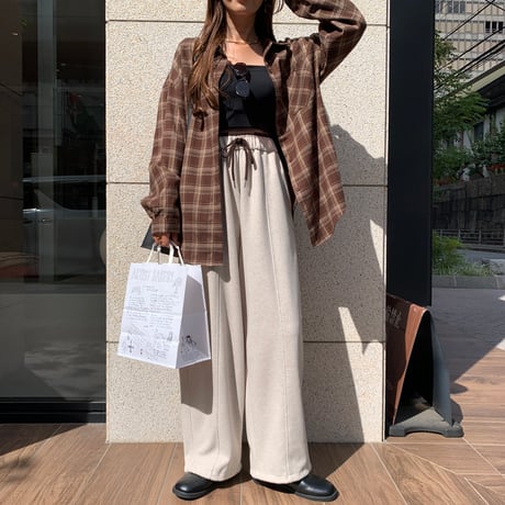 ウエストデザインリラックスドローコードカーブワイドパンツ