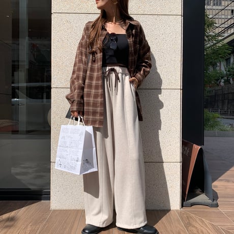 ウエストデザインリラックスドローコードカーブワイドパンツ