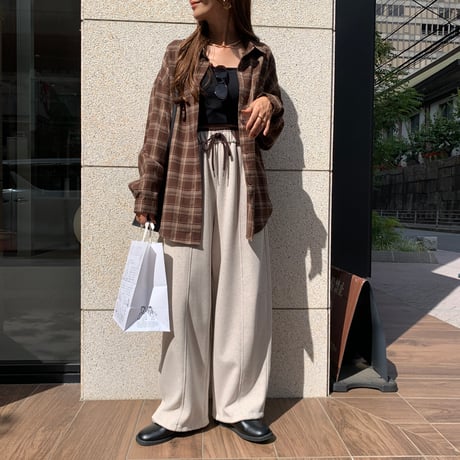 ウエストデザインリラックスドローコードカーブワイドパンツ