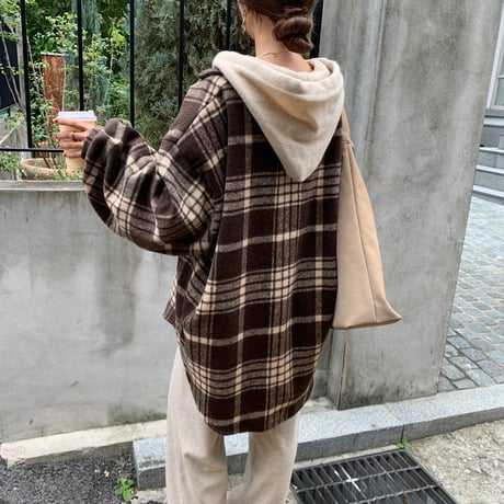 ボリュームスリーブブラウンチェックシャツジャケット