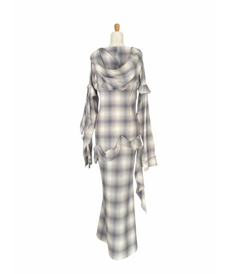 ［Powder BlueBeige］ランダムフリルフードシャツドレス / Random Frill Hooded Shirt Dress