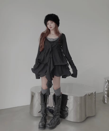 ［Black］リップルフリルチュニックドレス / Ripple Frill Tunic Dress