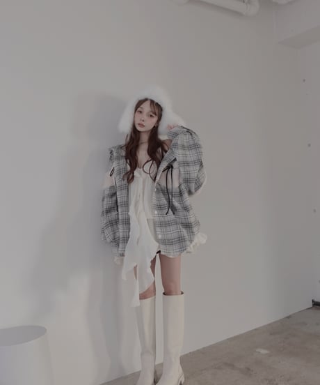 ボア＋リボン フードチェックシャツ / Boa + Ribbon Hooded Check Shirt