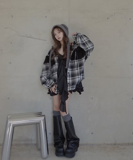 ボア＋リボン フードチェックシャツ / Boa + Ribbon Hooded Check Shirt