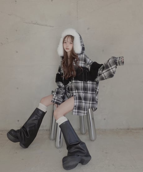 ボア＋リボン フードチェックシャツ / Boa + Ribbon Hooded Check Shirt
