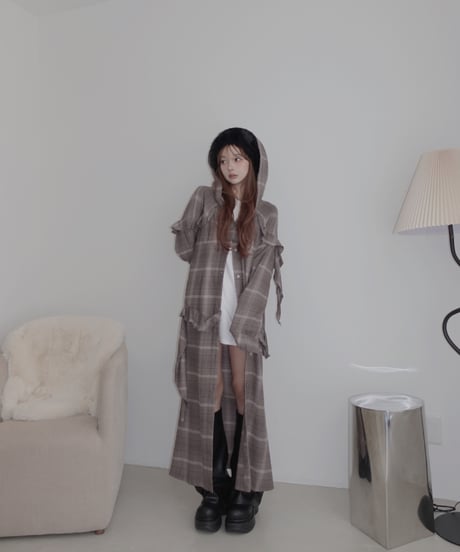 ［Gray］ランダムフリルフードシャツドレス / Random Frill Hooded Shirt Dress