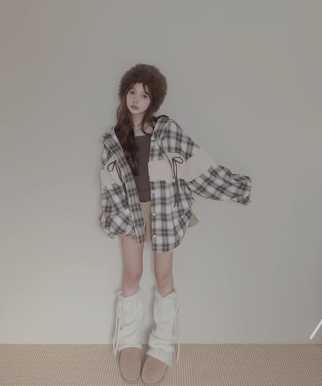 ボア＋リボン フードチェックシャツ / Boa + Ribbon Hooded Check Shirt