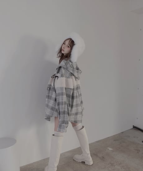 ボア＋リボン フードチェックシャツ / Boa + Ribbon Hooded Check Shirt