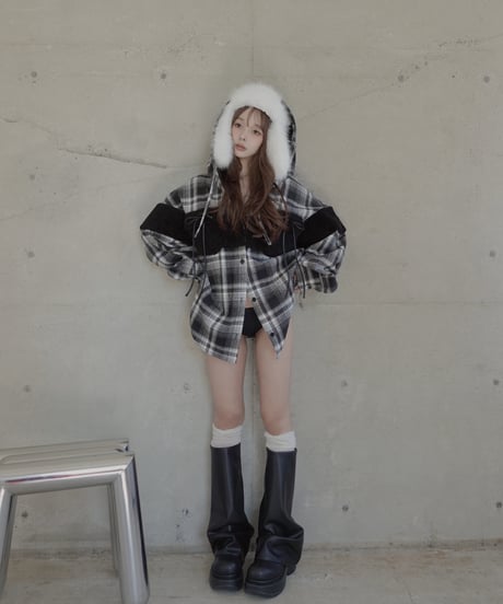 ボア＋リボン フードチェックシャツ / Boa + Ribbon Hooded Check Shirt