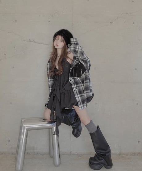 ボア＋リボン フードチェックシャツ / Boa + Ribbon Hooded Check Shirt
