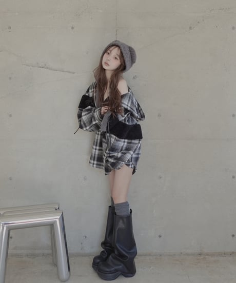 ボア＋リボン フードチェックシャツ / Boa + Ribbon Hooded Check Shirt