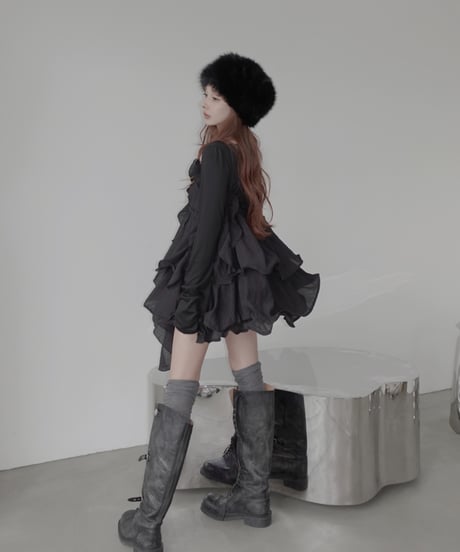 ［Black］リップルフリルチュニックドレス / Ripple Frill Tunic Dress