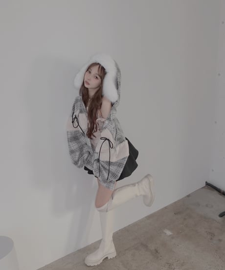 ボア＋リボン フードチェックシャツ / Boa + Ribbon Hooded Check Shirt