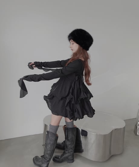 ［Black］リップルフリルチュニックドレス / Ripple Frill Tunic Dress