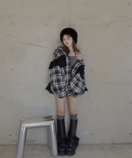 ボア＋リボン フードチェックシャツ / Boa + Ribbon Hooded Check Shirt