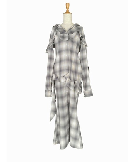 ［Powder BlueBeige］ランダムフリルフードシャツドレス / Random Frill Hooded Shirt Dress