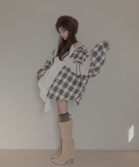 ボア＋リボン フードチェックシャツ / Boa + Ribbon Hooded Check Shirt