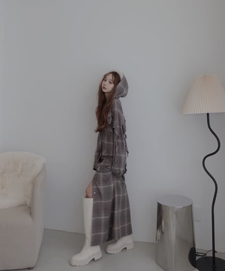 ［Gray］ランダムフリルフードシャツドレス / Random Frill Hooded Shirt Dress