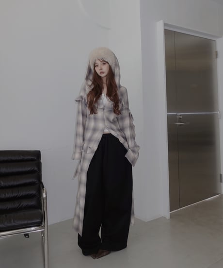 ［Powder BlueBeige］ランダムフリルフードシャツドレス / Random Frill Hooded Shirt Dress