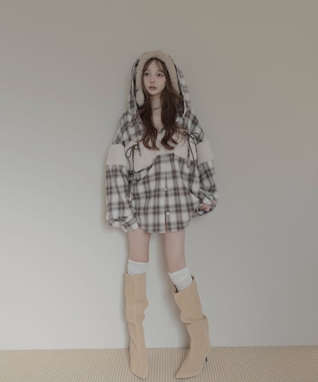 ボア＋リボン フードチェックシャツ / Boa + Ribbon Hooded Check Shirt