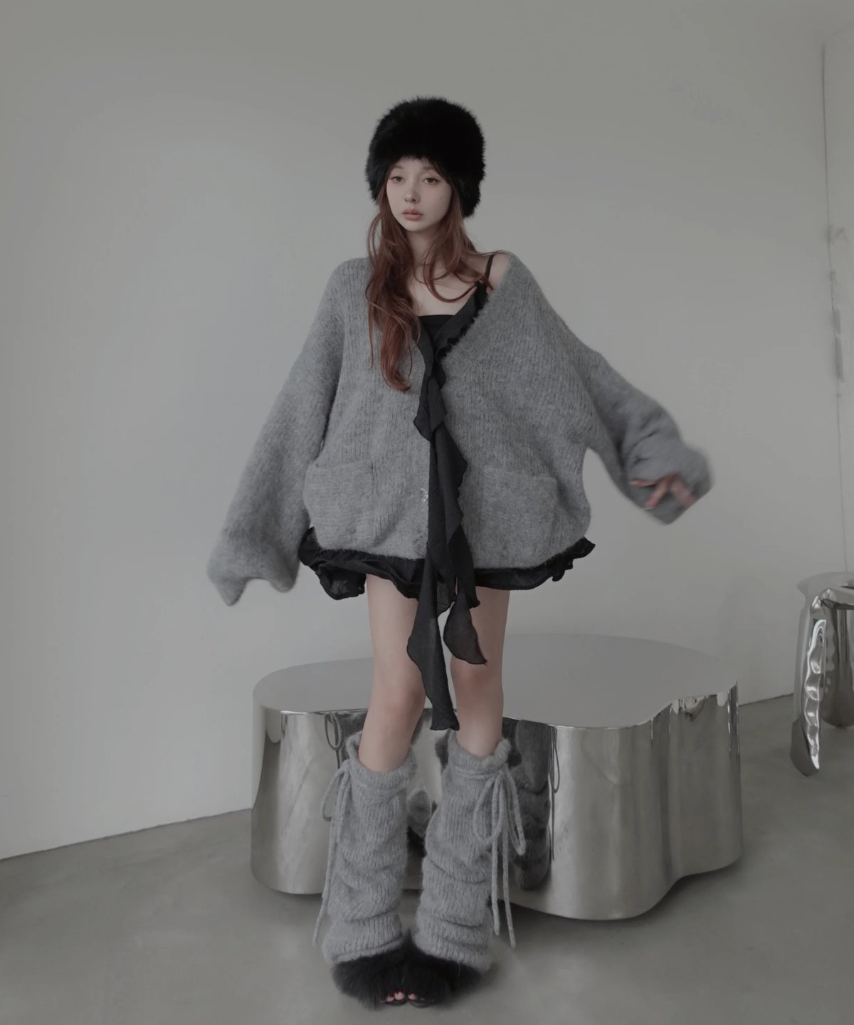 Gray］フラッフィーアルパカニットカーディガン / Fluffy Alpaca Knit