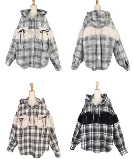 ボア＋リボン フードチェックシャツ / Boa + Ribbon Hooded Check Shirt