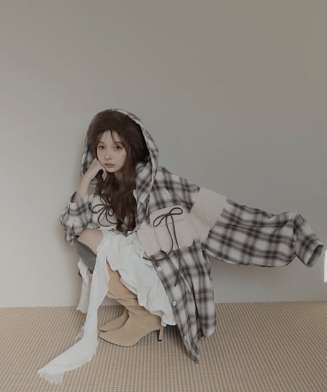ボア＋リボン フードチェックシャツ / Boa + Ribbon Hooded Check Shirt