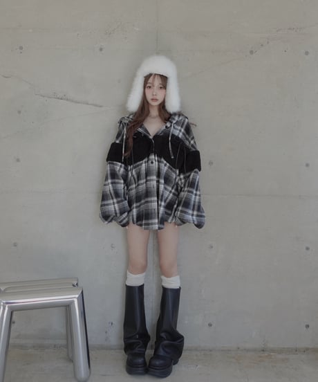 ボア＋リボン フードチェックシャツ / Boa + Ribbon Hooded Check Shirt